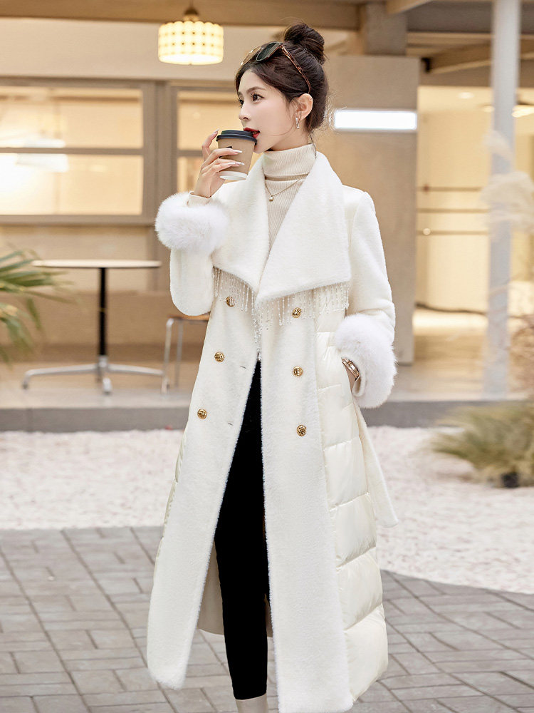 长款羽绒服女2023冬季新款大牌高端小香风白色收腰白鸭绒拼接外套,女装羽绒服,依如秀(原杭风阁)