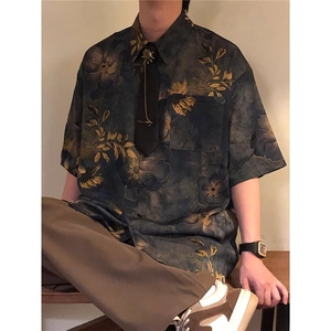夏季美式潮牌休闲新中式古着感港风印花衬衫领带短袖上衣男CS5263图片
