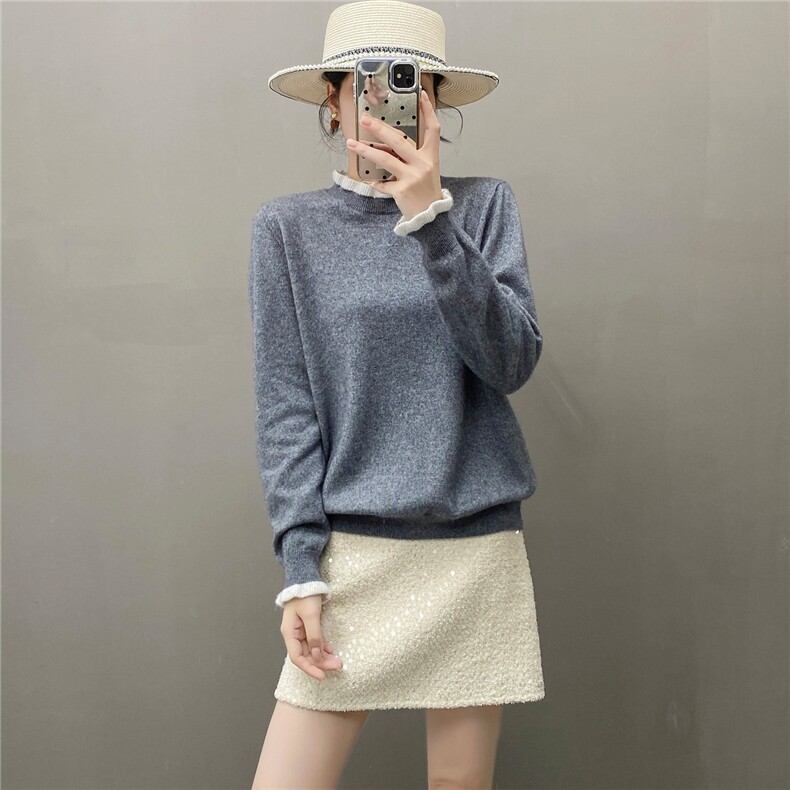 2025百搭时尚简约木耳边半高领针织羊绒衫，女装羊绒衫，国旺羊绒