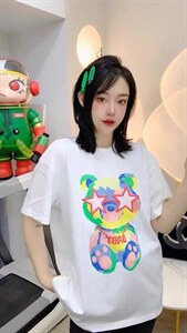 新款百搭减龄彩色五角星小熊发泡印花宽松显瘦短袖T恤,女装T恤,L·H·X