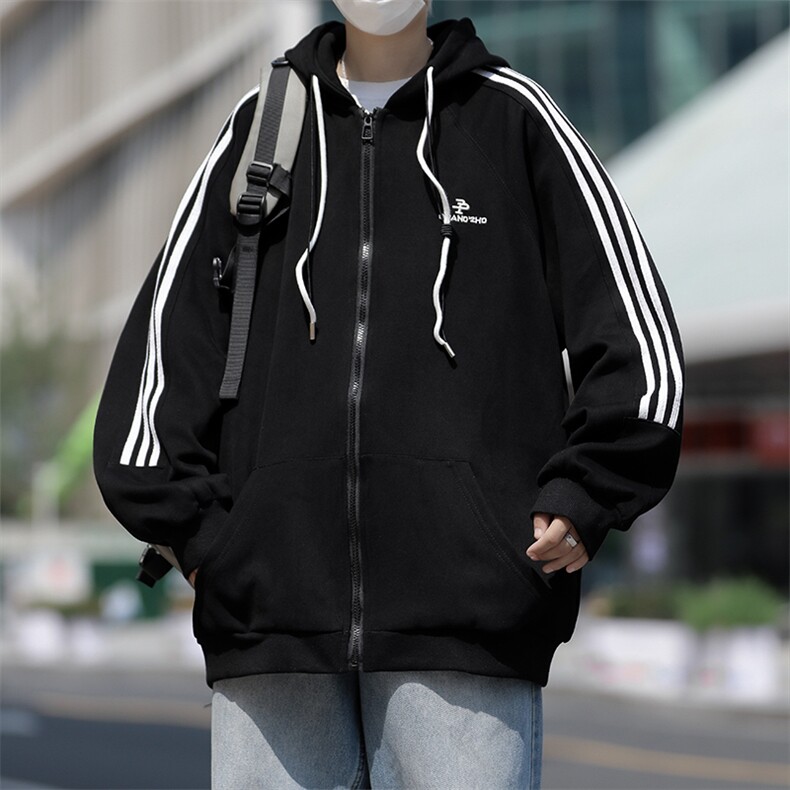 港风秋款男连帽卫衣字母刺绣夹克三条杠拉链纯棉外套WY8031P58,男装卫衣,星座1013-1