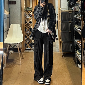 美式复古多口袋做旧工装裤女街头宽松显瘦直筒长裤潮K0202-P45图片