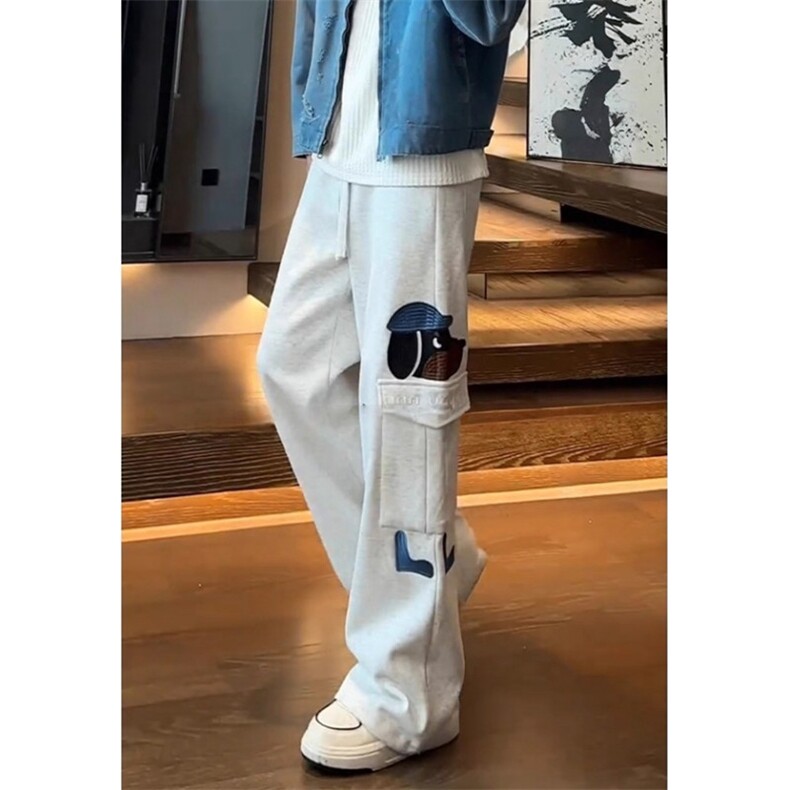 小狗刺绣阔腿卫裤男春秋季口袋设计感慵懒直筒休闲裤LG2199-p45图片
