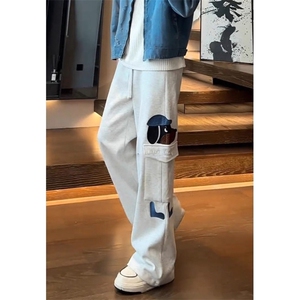 小狗刺绣阔腿卫裤男春秋季口袋设计感慵懒直筒休闲裤LG2199-p45图片