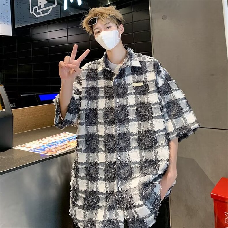 美式格子衬衫男夏季短袖日系cityboy休闲衬衣潮痞帅外套S1375-p42,男装衬衫,星座1008