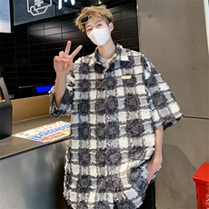美式格子衬衫男夏季短袖日系cityboy休闲衬衣潮痞帅外套S1375-p42，男装衬衫，星座1008