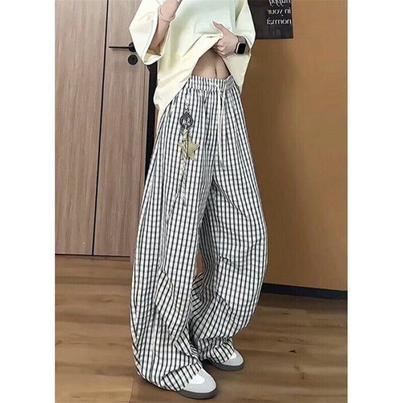星星挂饰裤子夏季蓝色格子直筒裤女垂感慵懒休闲阔腿裤KX1571,男装休闲裤,星座1116A（原606A-3）