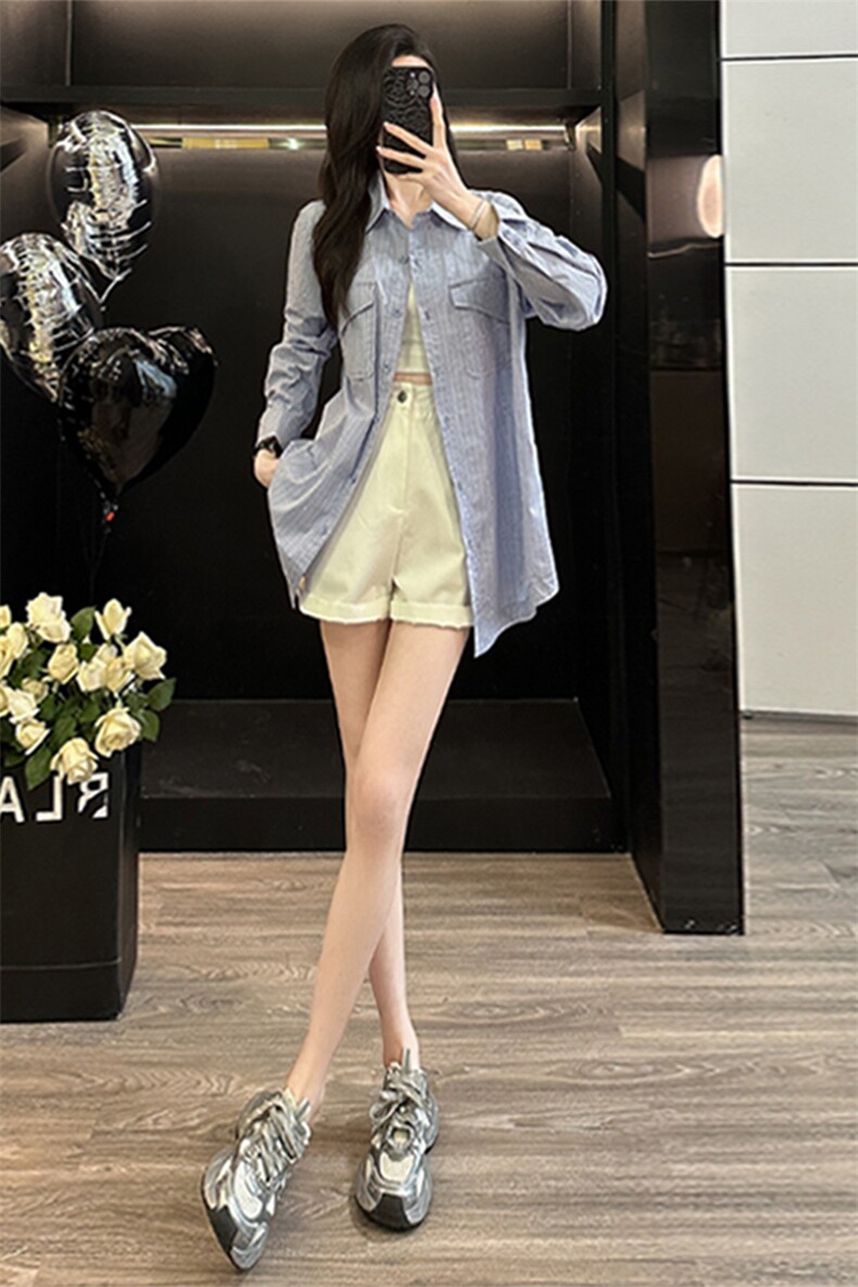 欧货时尚设计感女装春季新款单排扣翻领气质显瘦中长款纯色衬衣潮,女装衬衫,2C310