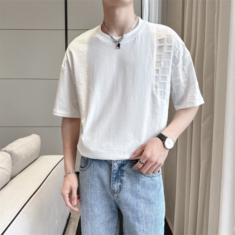 2025夏季新款男生T恤男士薄款个性拼接提花短袖潮901-T24-P58,男装T恤,星座901