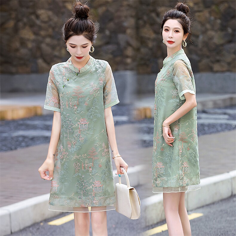 新中式国风连衣裙女2024夏季新款高级感气质复古刺绣日常改良旗袍，女装连衣裙，润尚靓点