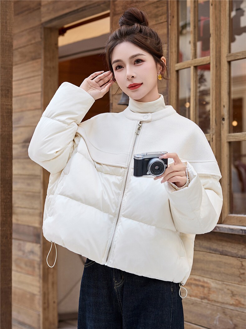 设计感气质毛呢拼接羽绒服女2025冬季新款短款外套减龄,女装羽绒服,玖莱伊