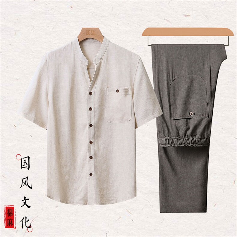 主推！棉麻套装2024新款夏季风亚麻短袖T恤休闲长裤套装图片