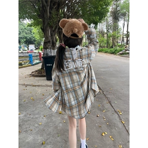 TC504-P48前后印花中长款休闲 格子衬衫外套图片