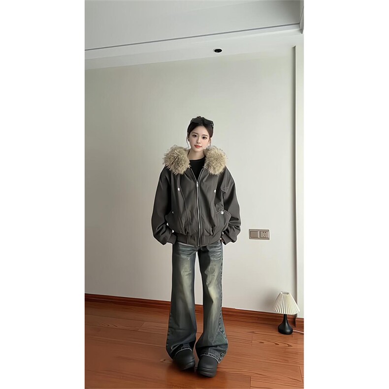 现货重磅boxy短款棉衣座山雕大毛毛领男女棉服水洗工装厚外套，男装棉衣，电商A486