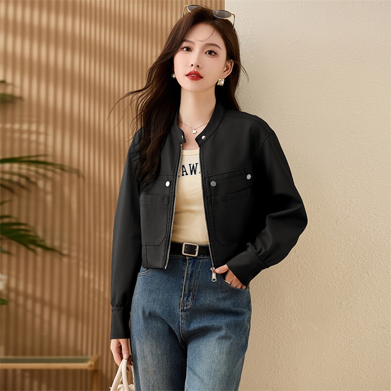 现货复古短款皮衣外套女2024春秋新款PU皮机车服秋季女式皮夹克,女装皮衣,江南女神