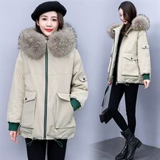 2022冬季新款韩版时尚简约宽松保暖舒适大毛领连帽棉衣，女装棉衣/棉服，三木叶子