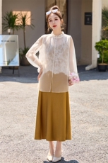 新中式复古气质网纱设计感蕾丝立领防晒衬衣套装裙，女装套装/套裙，依多米