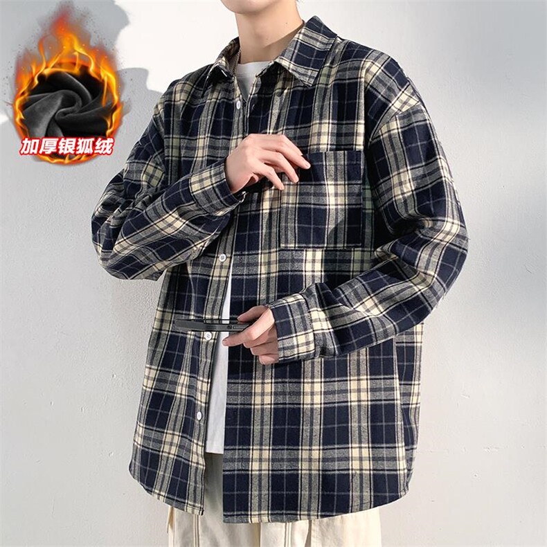 加厚银狐绒格子翻领长袖衬衫男潮流宽松衬衣C5450J加绒-特P38控68,男装衬衫,电商A001-1