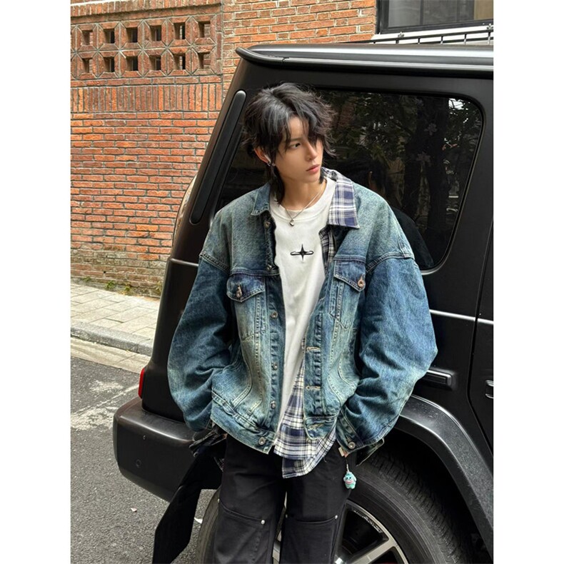 复古格子不规则拼接假两件牛仔外套男春秋季宽松夹克JB19,男装针织衫/毛衣,星座1116A（原606A-3）