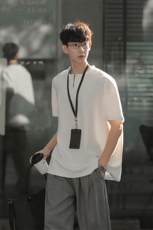 韩系简约小V领肌理T恤cityboy风落肩情侣短袖HY927TP28控49，男装T恤，电商A102B