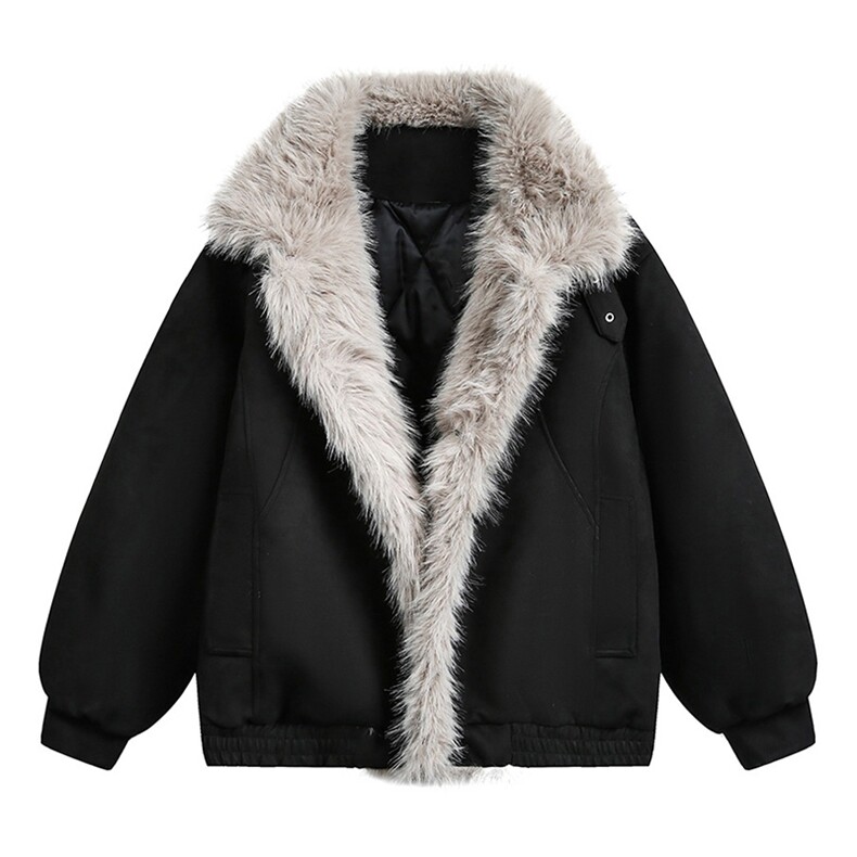 现货重磅硬挺boxy羽绒棉衣座山雕大毛毛领洗水麂皮棉服冬外套，男装棉衣，电商A486