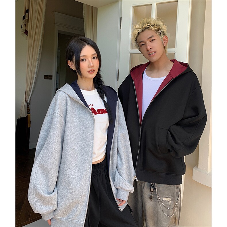 重磅高品质硬挺boxy26春装美式高街结构撞色拼接连帽卫衣开衫外套,女装短外套,电商A486-1