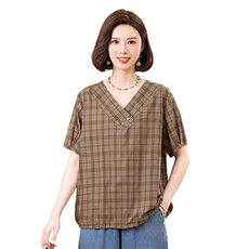V领垂感天丝衬衫2025新款女士冰丝短袖复古格子衬衣中年妈妈上衣，女装衬衫，叶笙衣