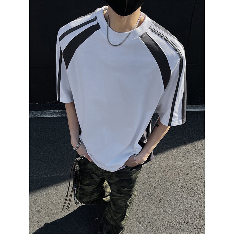 高品质二开240克宽松纯棉美式高街痞帅拼接撞色短袖T恤特P25,男装T恤,电商A486