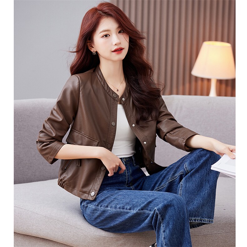 小个子皮衣外套女短款2023年新款春秋季显瘦气质连帽机车PU皮夹克,女装皮衣,江南女神