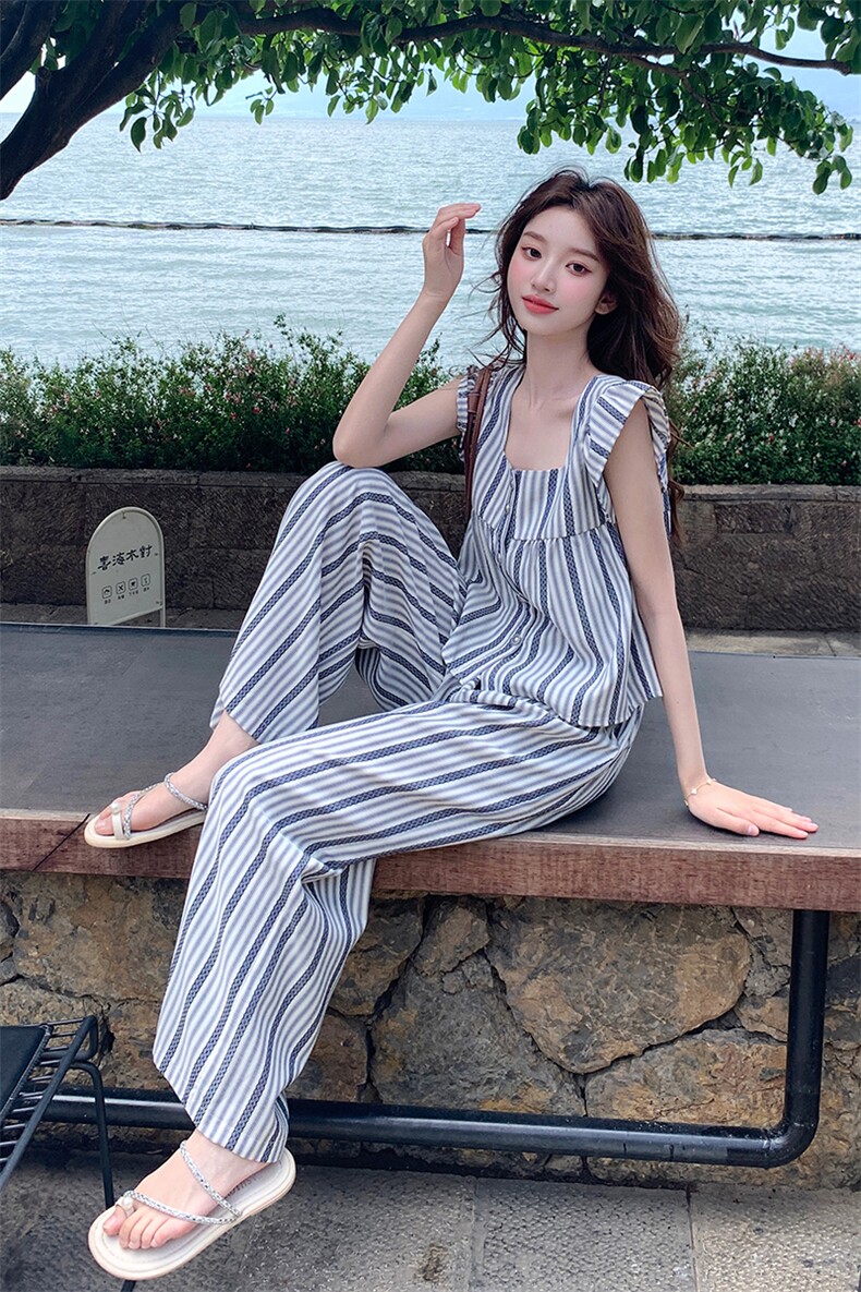 少女风休闲条纹上衣阔腿裤套装女夏2025新款爆款高级感绝美两件套,女装套装/套裙,浙宝276（原081）