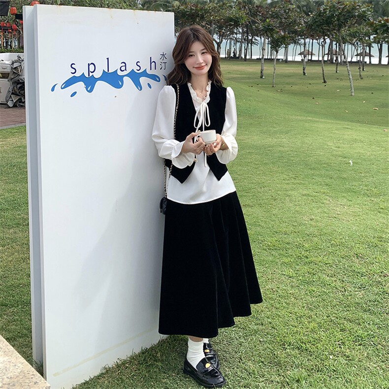 黑色丝绒马甲衬衫半身裙三件套女秋季2025新款高级感名媛气质套装,女装套装/套裙,浪娴服饰