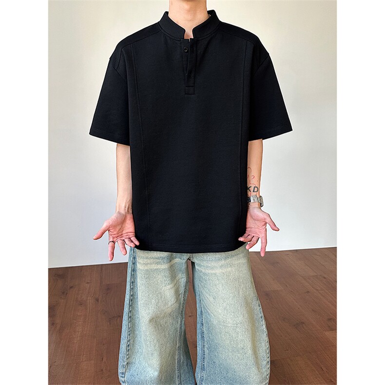 2026夏季新款拼接短袖T恤复古正肩亨利领男女X64117-TP15不，男装T恤，电商A102