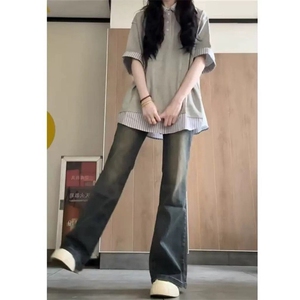H0999-P40现货#原版蓝条纹包边拉肩休闲学院风短袖T恤图片