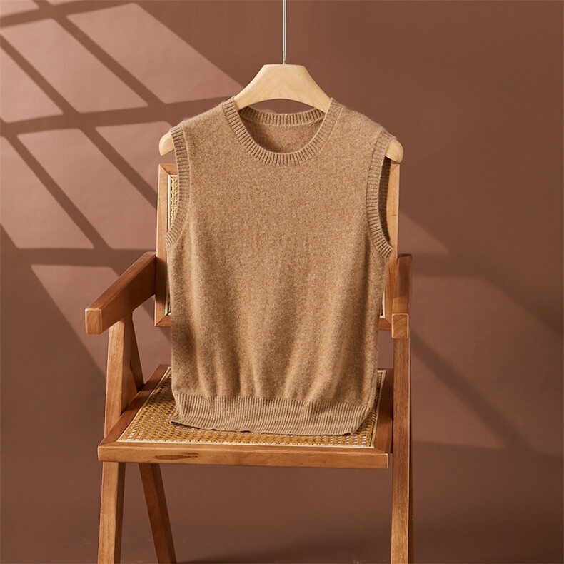 秋新款圆领纯色无袖针织背心女宽松显瘦内搭马甲衫，女装马甲，朵沐纯羊绒