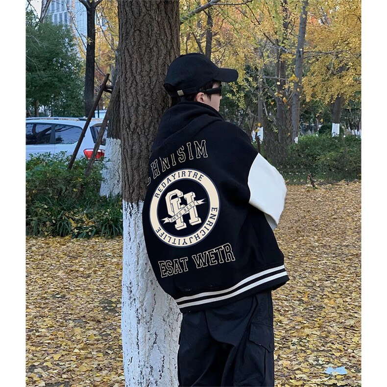 抖音得物高品质全棉380克潮立领棒球服开衫印花卫衣外套ACM1203,女装短外套,电商A443