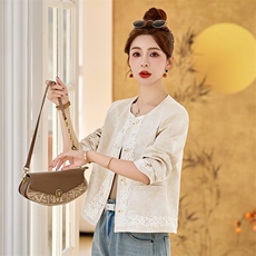 高级感小香风蕾丝拼接短款外套女2025春秋新款小个子棉麻提花上衣，女装短外套，蓝诺裳