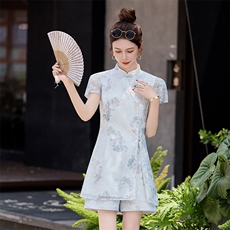 新中式国风改良旗袍连衣裙两件套2025夏季爆款洋气减龄短裤套装女，女装套装/套裙，众宇琦