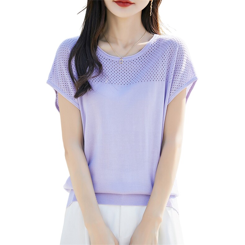 夏季100%天丝镂空针织短袖T恤女气质百搭圆领小飞袖T恤上衣打底薄,针织衫/毛衣,暖烁羊绒
