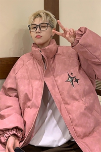 港风PU皮复古做旧可拆卸四芒星胸针设计棉衣男MY77721P128控168图片