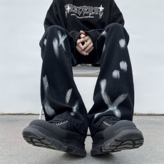 B221美式ins高街小众情侣款喷墨微喇牛仔裤LK22080-P60控78，男装牛仔裤，电商B221