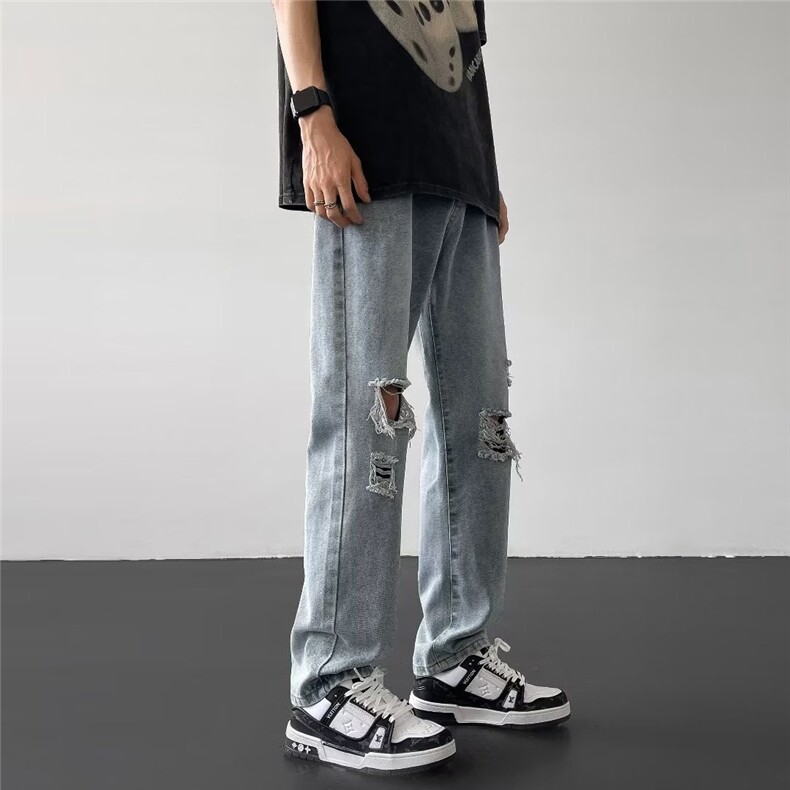 破洞牛仔裤男款潮牌夏季美式高街vibe直筒修身微喇裤休闲裤子,男装牛仔裤,星座601-2