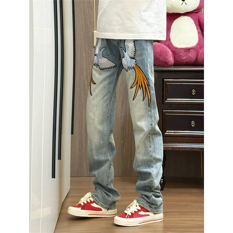 ！水洗复古做旧神之鸟刺绣牛仔裤,男装牛仔裤,星座617C