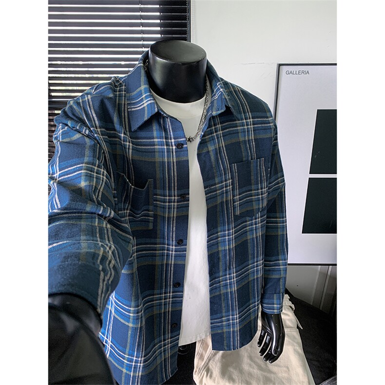 秋季新款港风文艺格子长袖大码翻领衬衫外套男C5532-特P40控78，男装衬衫，电商A001