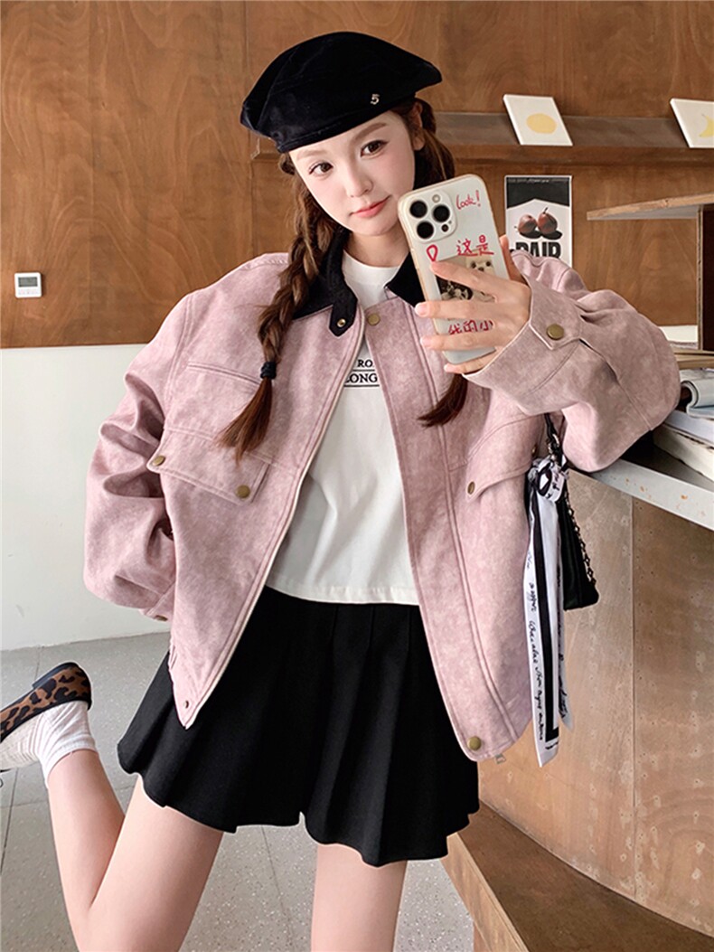 美式慵懒chic复古短款上衣粉色扎染翻领工装夹克外套女秋,女装短外套,浙宝113