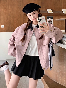美式慵懒chic复古短款上衣粉色扎染翻领工装夹克外套女秋图片