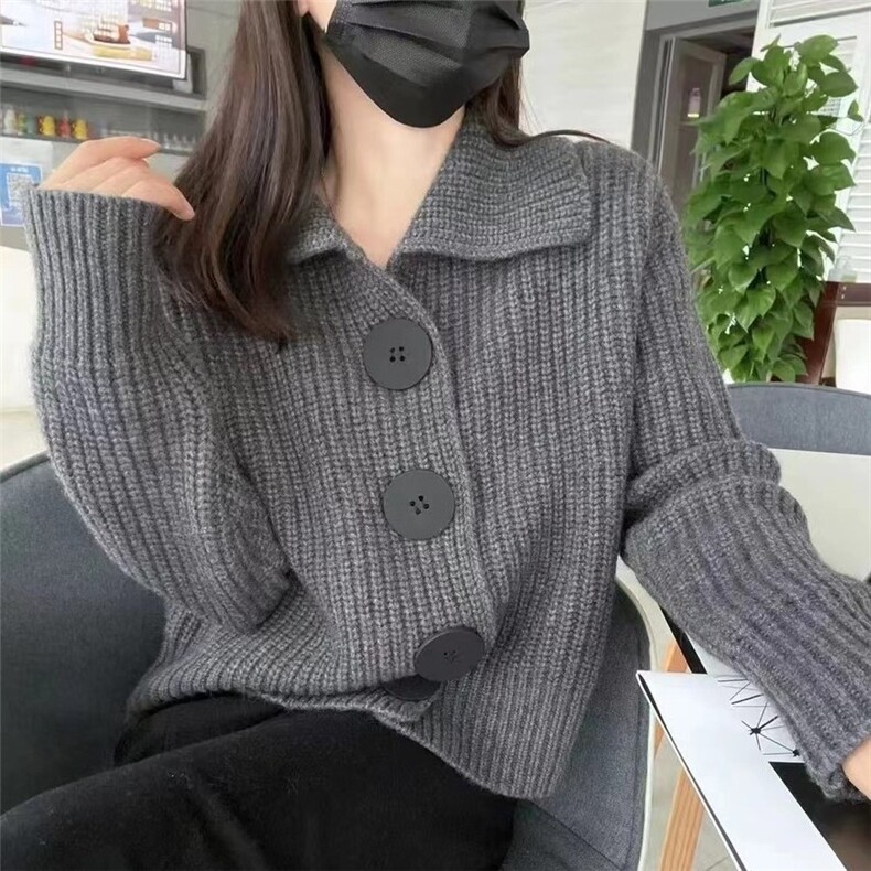 欧范纯山羊绒开衫女POLO领宽松加厚时尚大扣翻领羊毛针织毛衣外套,女装羊毛衫,隆格羊绒