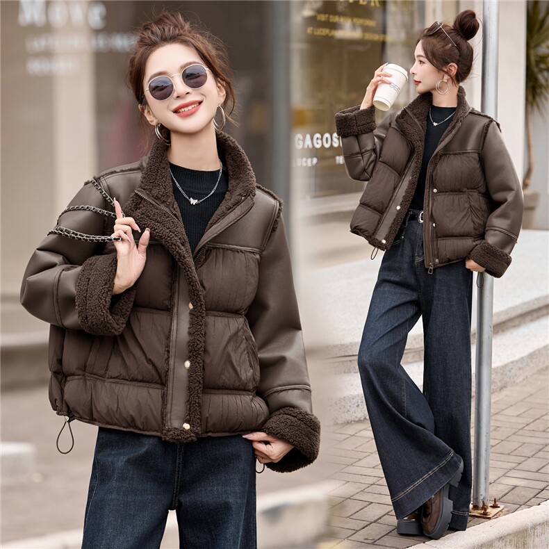 2025新款冬季90绒加厚小个子短款拼接羊羔毛PU皮羽绒服外套，女装羽绒服，瑶迪依秀