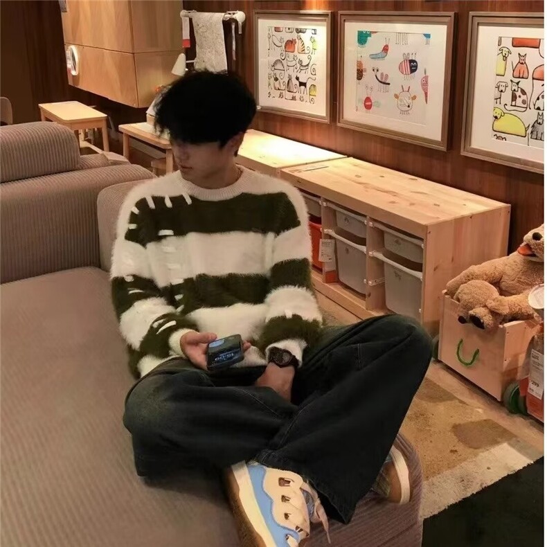 576-P52长袖冬季软糯水貂绒条纹撞色毛衣,男装针织衫/毛衣,电商B323A