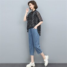 2022夏季新款文艺时尚印花牛仔套装显瘦修身气质女装两件套，女装套装/套裙，依恋蒂丝