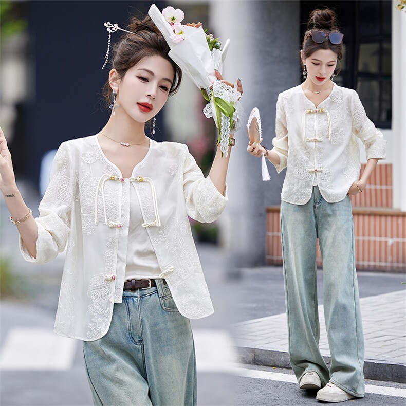 白色小香风刺绣薄款外套女2025春夏新款名媛气质新中式盘扣防晒衣，女装防晒衣，依如秀(原杭风阁)